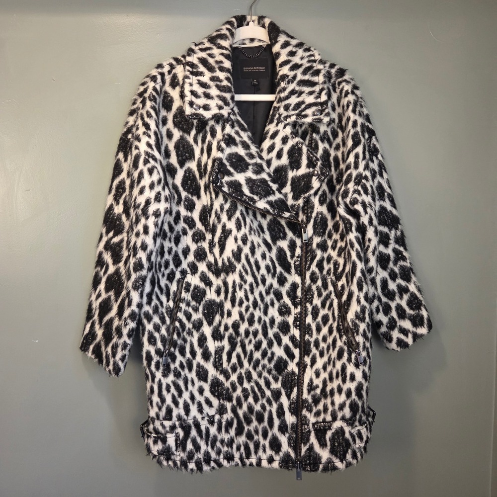 Banana Republic Animal Print Faux Fur Longline Moto Jacket Size M Black & White